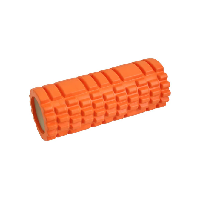 An orange foam yoga roller with a textured surface and a hollow centre. It has a simple logo on one side.