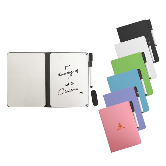 A5 whiteboard notebook with a black marker, available in multiple colours: white, green, purple, blue, and black.