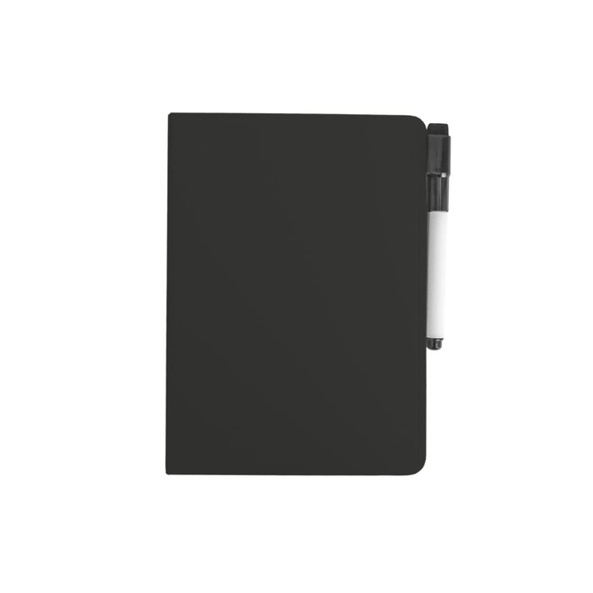 A5 whiteboard notebook in black with a white pen attached, featuring a smooth, matte cover.