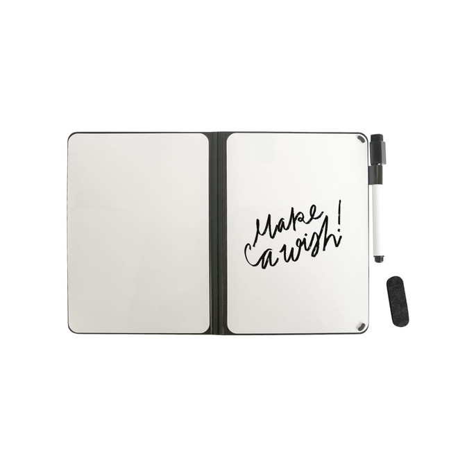 A5 whiteboard notebook in black, featuring two blank whiteboard pages and a marker, with an eraser.