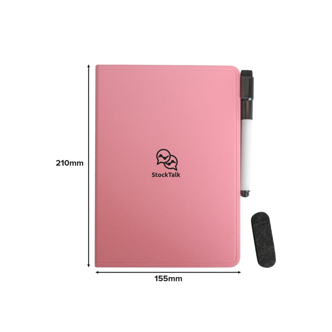 A5 whiteboard notebook in pink, featuring a pen and eraser, with a logo on the cover. Dimensions: 210mm x 155mm.