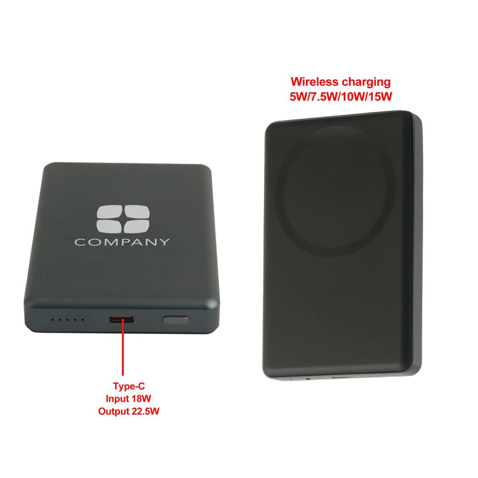 A black aluminium power bank with a wireless charging feature and a logo on its surface.