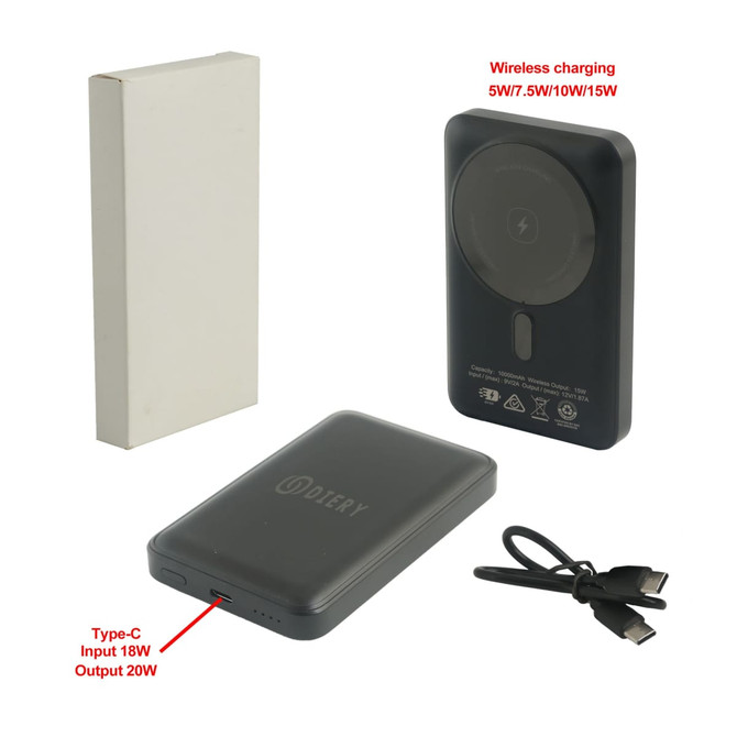 A magnetic power bank in black with wireless charging capability, accompanied by a charging cable and an unmarked box.