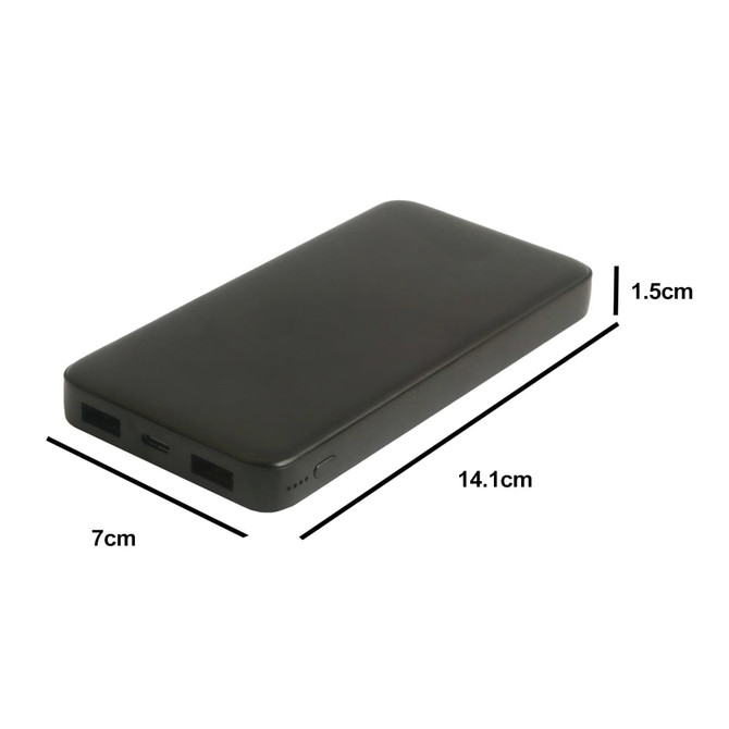 A black power bank with full colour print measures 14.1cm x 7cm x 1.5cm, featuring two USB ports and a logo.