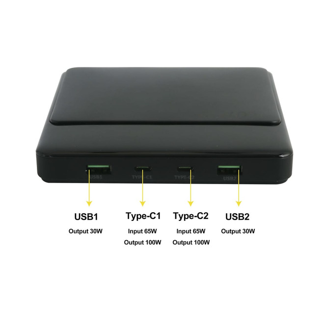 A black 20000mAh 100W laptop power bank with multiple USB ports for charging devices.