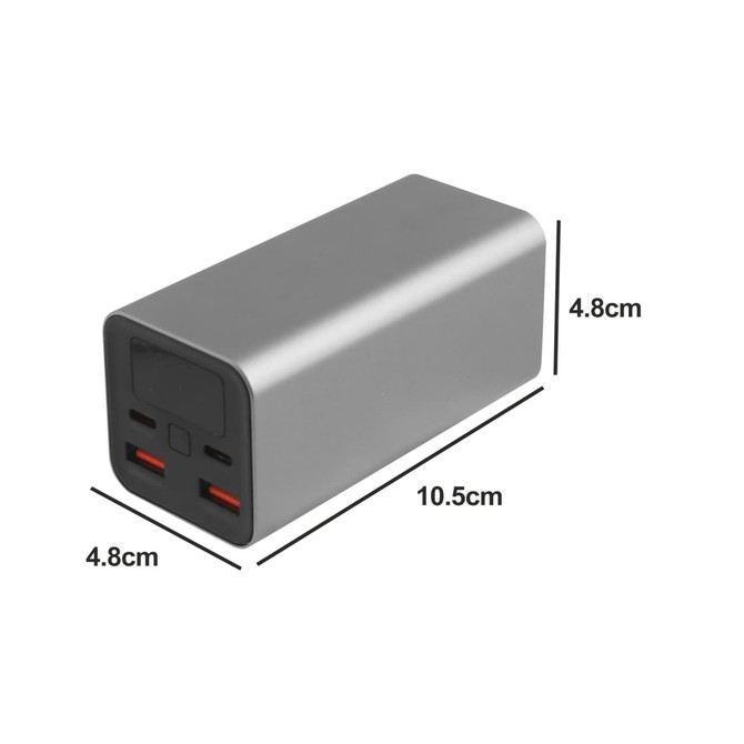 A grey power bank with two USB ports and measurement specifications shown on the side. It has a logo on the front.