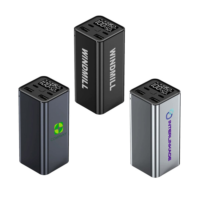 A collection of three power banks in black, silver, and dark grey, featuring digital displays and various logos.