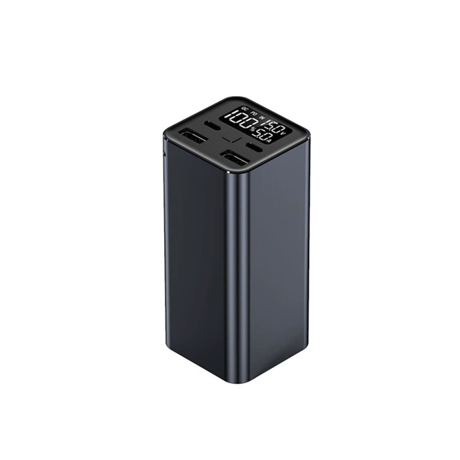 A black power bank with two USB ports and a digital display on top, featuring a sleek rectangular design.