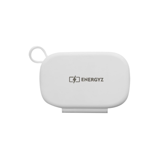 A white 3-in-1 wireless travel charger with a logo, featuring a compact design and a small attachment loop.