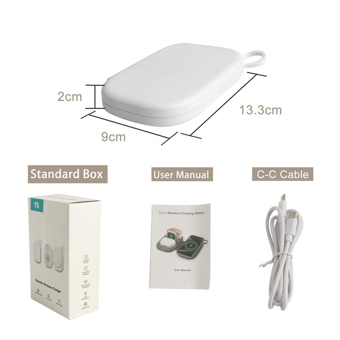 A white 3-in-1 wireless travel charger with a compact design, accompanied by a user manual and USB-C cable.