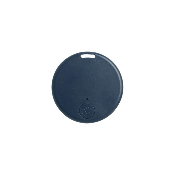 A navy blue round anti-loss smart tag with a small hole for attachment, featuring a logo on the surface.