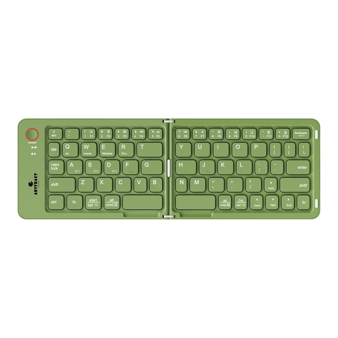 A wireless foldable keyboard in a vibrant green colour, featuring a compact design and a logo on the side.