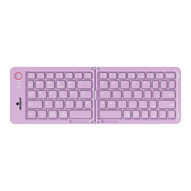 A wireless foldable keyboard in purple with a compact design and a logo on the side.