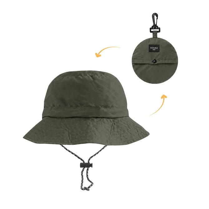 A foldable bucket hat in olive green, featuring a drawstring and a logo, shown both unfolded and compacted.