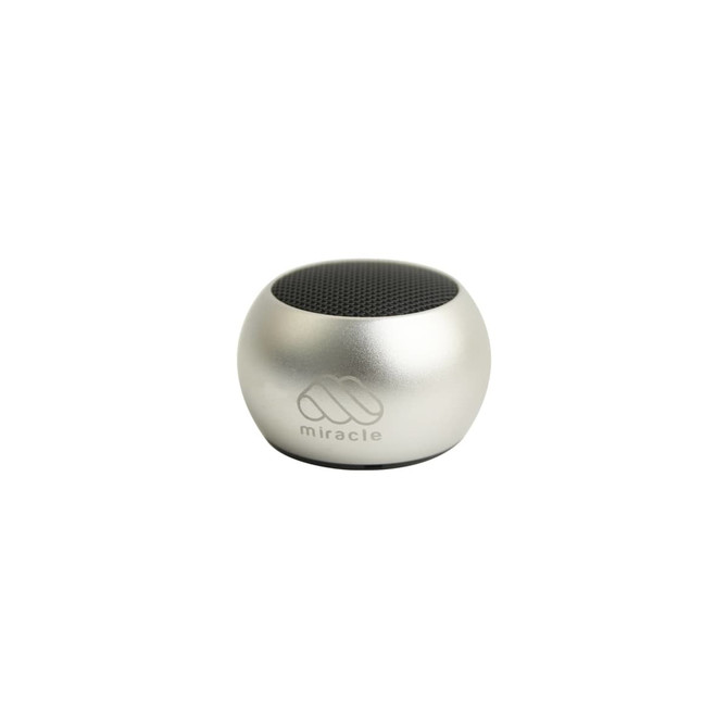 A silver Mini Bass Wireless Speaker with a rounded shape and a mesh top, featuring a logo on the front.