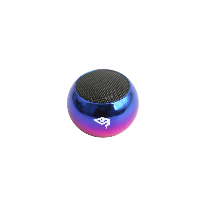 A mini wireless speaker in iridescent blue and pink, featuring a mesh speaker grill and a logo.