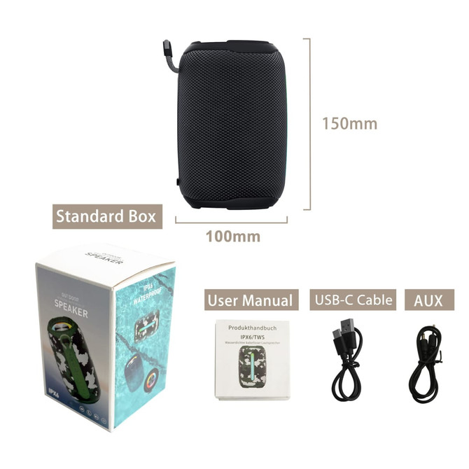 A black and grey outdoor waterproof Bluetooth speaker with a standard box, user manual, USB-C cable, and AUX cable.