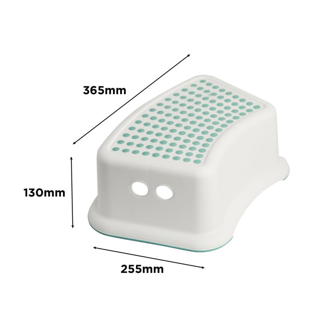 A white step stool with a textured surface, featuring a logo and measuring 365mm x 255mm x 130mm.