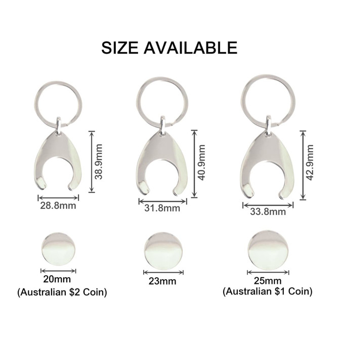 A teardrop-shaped trolley coin keyring in silver, available in three sizes, with a metal keyring attached.