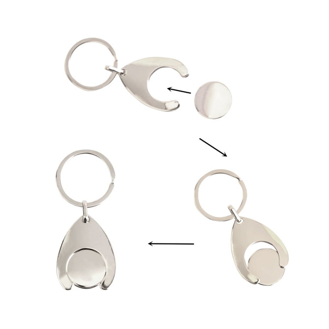 A silver teardrop-shaped keyring featuring a removable trolley coin. It includes a circular disc and a metal keyring component.