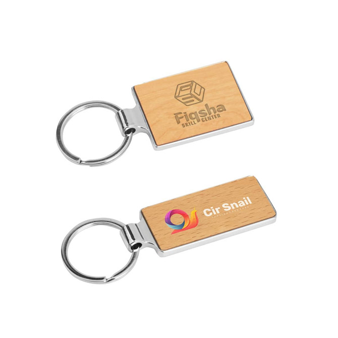 A rectangle wooden keyring with a chrome metal ring, featuring two sides that display different logos.