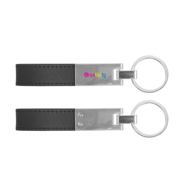 A black PU leather keyring featuring a metal attachment and a logo, showcasing a sleek and modern design.