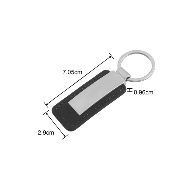 A rectangular keyring featuring black PU leather and a silver metal clip, with measurements indicated.