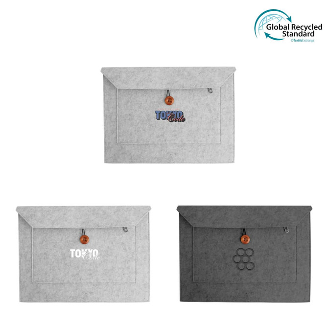 A grey and black custom felt laptop bag with flap closure, featuring a wooden toggle and logos.
