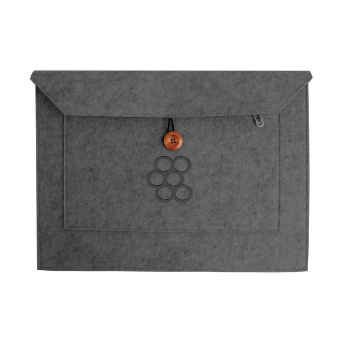A grey felt laptop bag with a button closure and an exterior pocket, featuring a logo design.