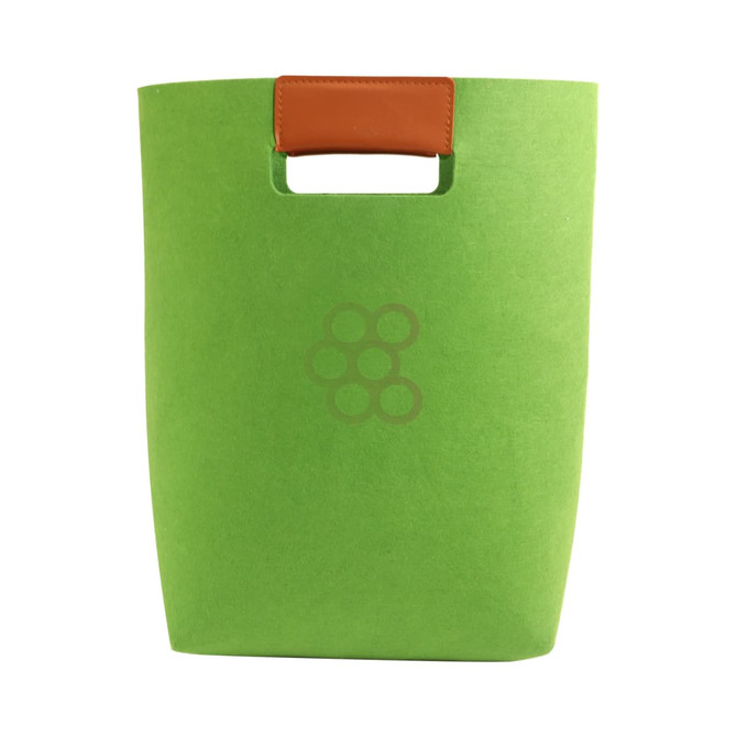 A green felt tote bag with a brown leather handle and a logo on the front.