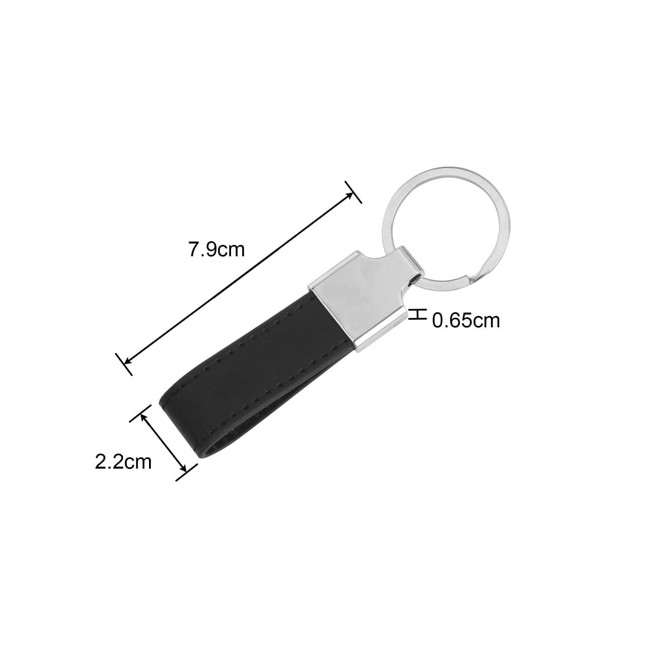 A black PU leather keyring with a metal attachment, featuring dimensions of 7.9 cm by 2.2 cm.
