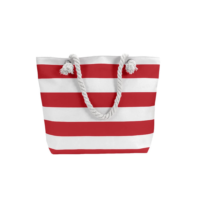 A tote bag with red and white stripes and a rope handle, featuring a simple design and a branded logo.