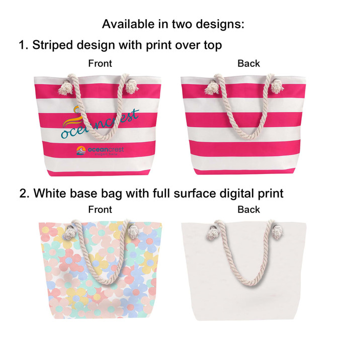 A tote bag with a striped pink design and rope handles, featuring a logo. Another design has a white base with a floral print.