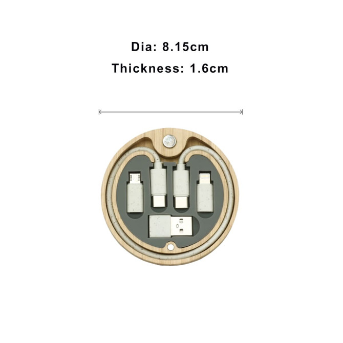 A bamboo circle cable kit featuring USB and charging cables in a circular, compact design.