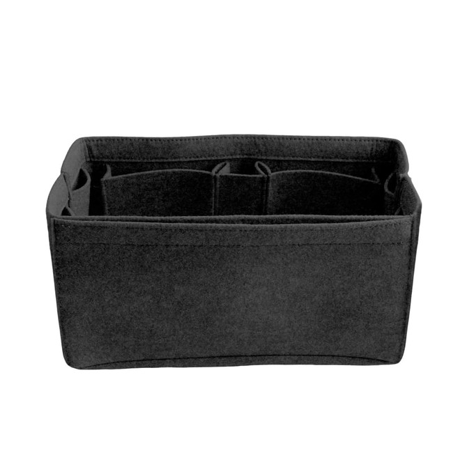 A black felt bag organiser with multiple compartments for easy storage and organisation. It features a logo.