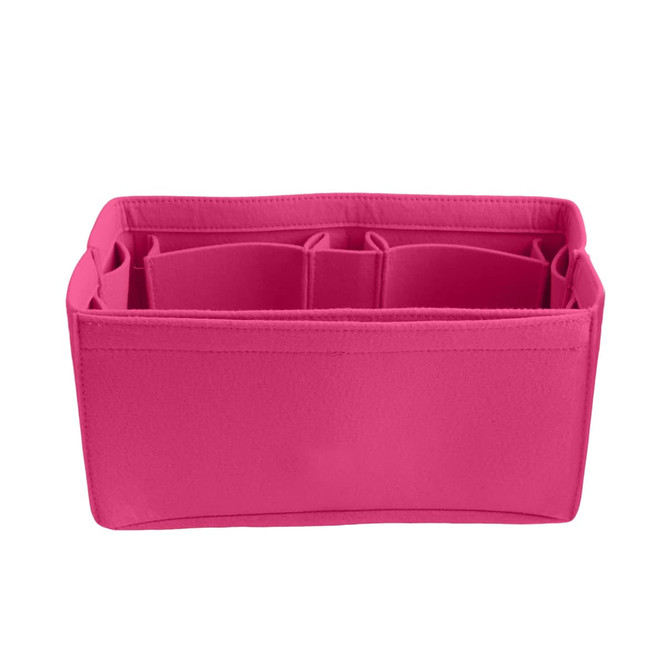 A pink felt bag organiser featuring multiple compartments for storage and organisation. It has a simple, smooth design.