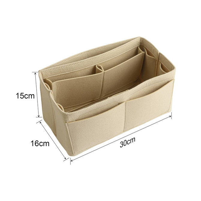 A beige felt bag organiser with multiple compartments and pockets, measuring 30cm x 16cm x 15cm.