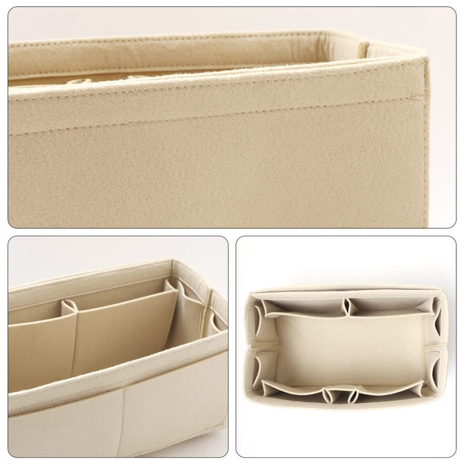 A cream felt bag organiser features multiple compartments for convenient storage. It has a logo on one side.