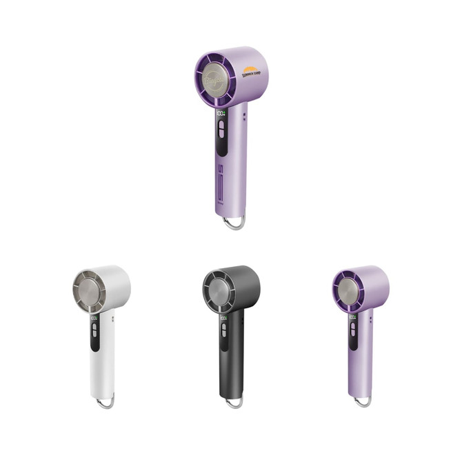 A high-speed cooling fan in white, black, and two shades of purple, each featuring a logo.