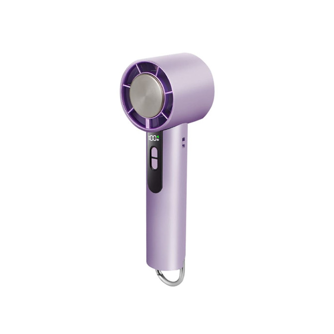 A high-speed cooling fan in a sleek purple design, featuring a circular head and a control button.