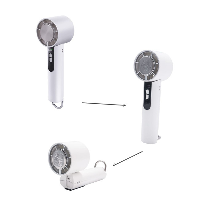 A high-speed cooling fan in white with a detachable design and control buttons, featuring a logo on the handle.