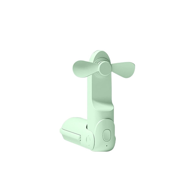 A mint green USB handheld mini fan with a compact design and a flashlight feature. It includes a logo.