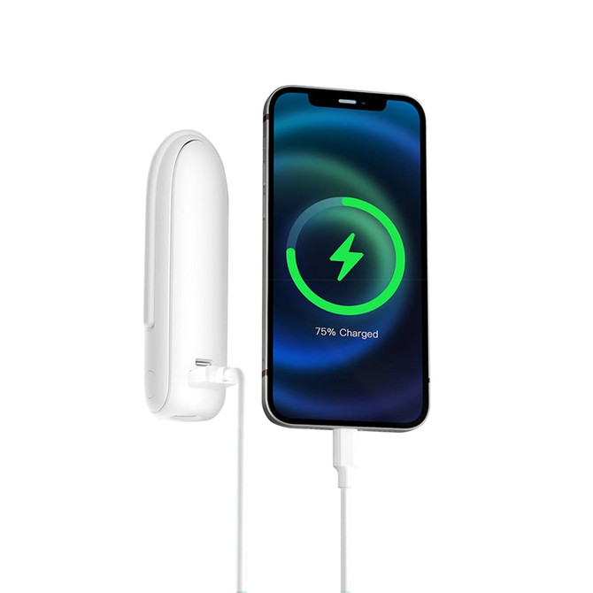 A white USB handheld mini fan with a flashlight is connected to a charging smartphone displaying a battery icon.