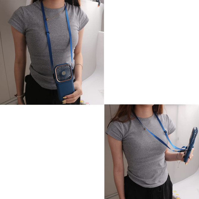 A grey short-sleeve top with a blue folding neck fan featuring a phone stand attached by a strap.