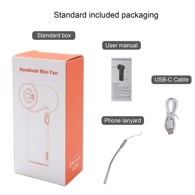 An orange box containing a handheld fan, user manual, USB-C cable, and phone lanyard.