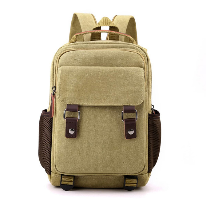 A khaki canvas sling backpack with brown accents, featuring multiple pockets and straps, includes a branding logo.
