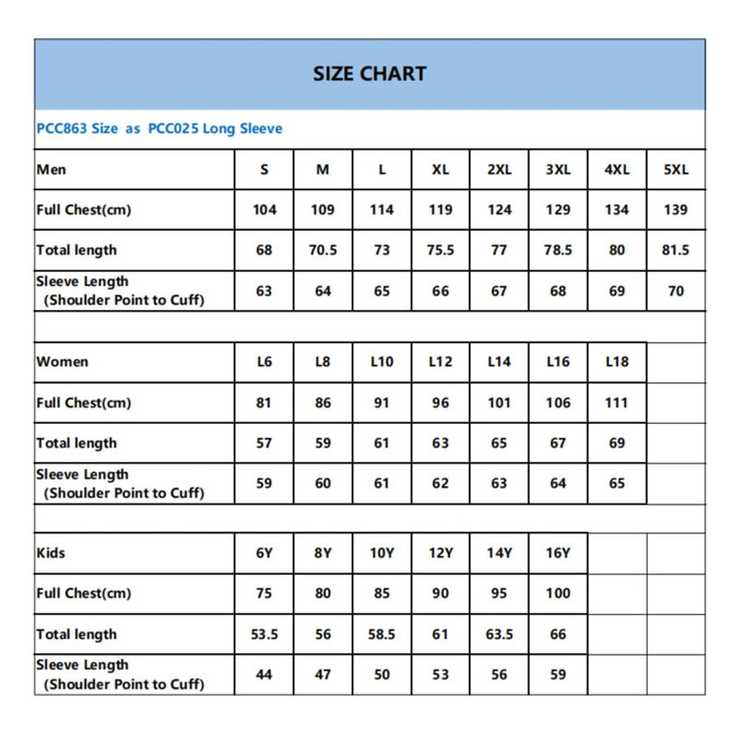 A size chart displaying measurements for unisex, women's, and kids' long sleeve jerseys in various sizes.