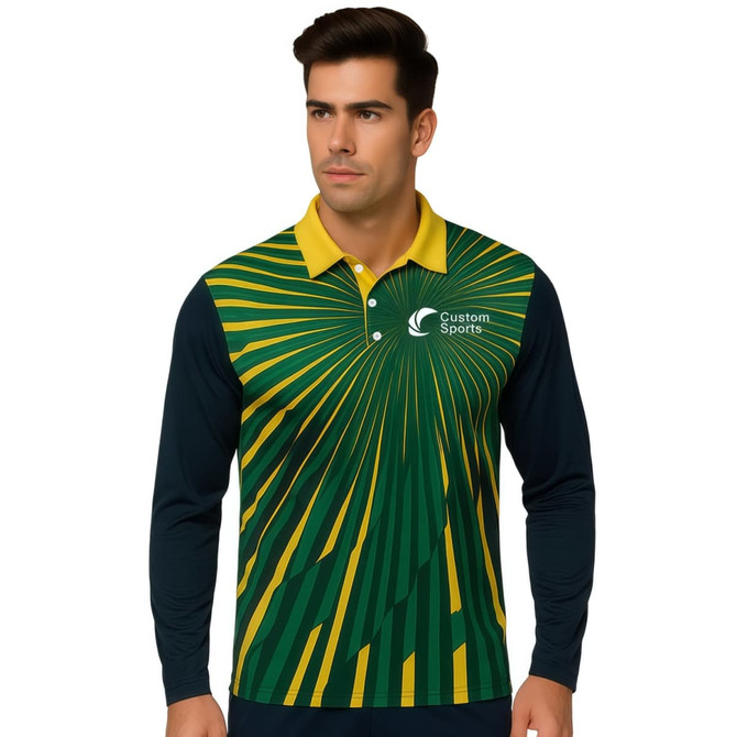 A long-sleeve polo shirt featuring a green and yellow design, with a navy blue base and a logo on the front.