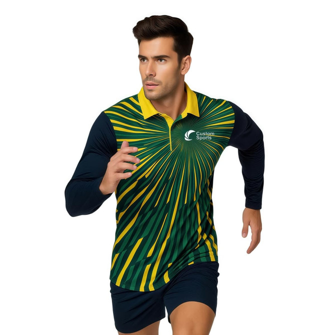 A man wearing a long-sleeved polo shirt with a green and yellow design, featuring a logo on the chest.