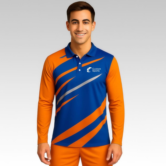 A long sleeve polo shirt in blue and orange, featuring a logo on the chest and dynamic design elements.